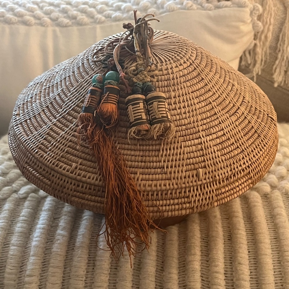 Vintage Round Lidded Woven Basket with Tassel Accents